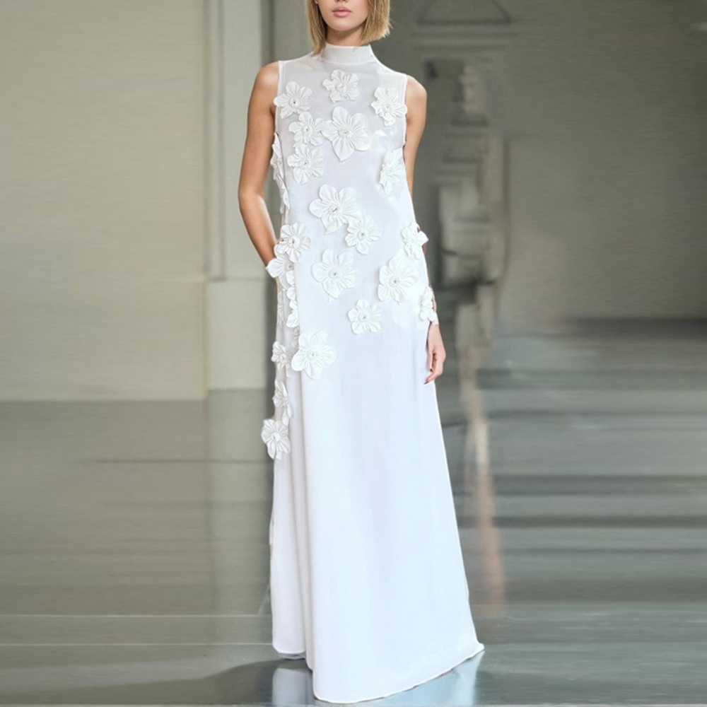 Elegant White Maxi Dress with 3D Floral Appliqué